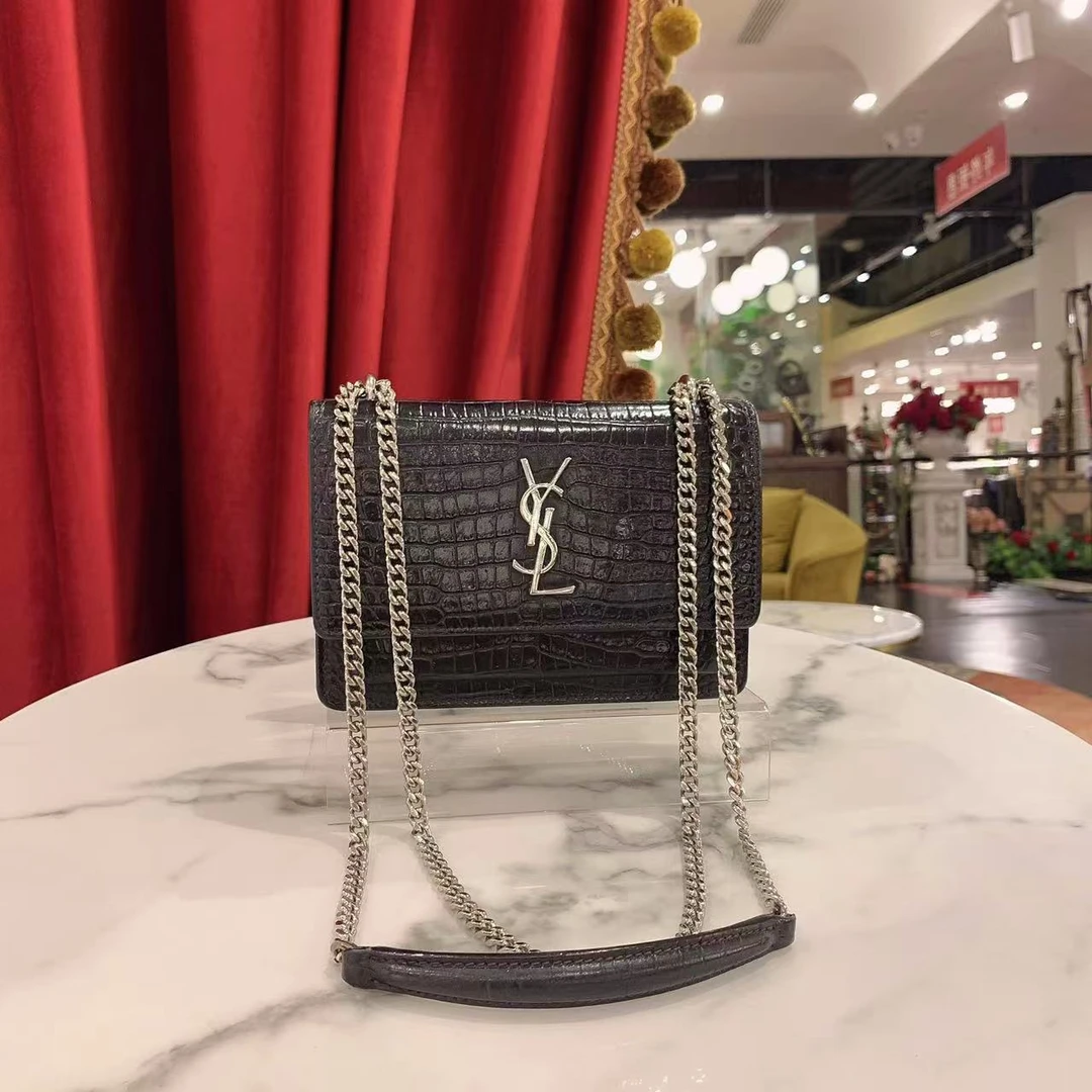 95新 YSL/圣罗兰 GGS日落包小号银扣鳄鳄压纹单肩斜挎
