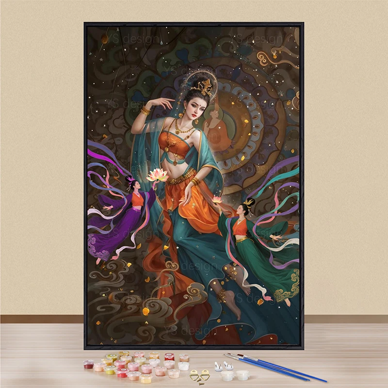 敦煌飞天仙女图diy国粹中国风涂画高端新款书房客厅装饰油画