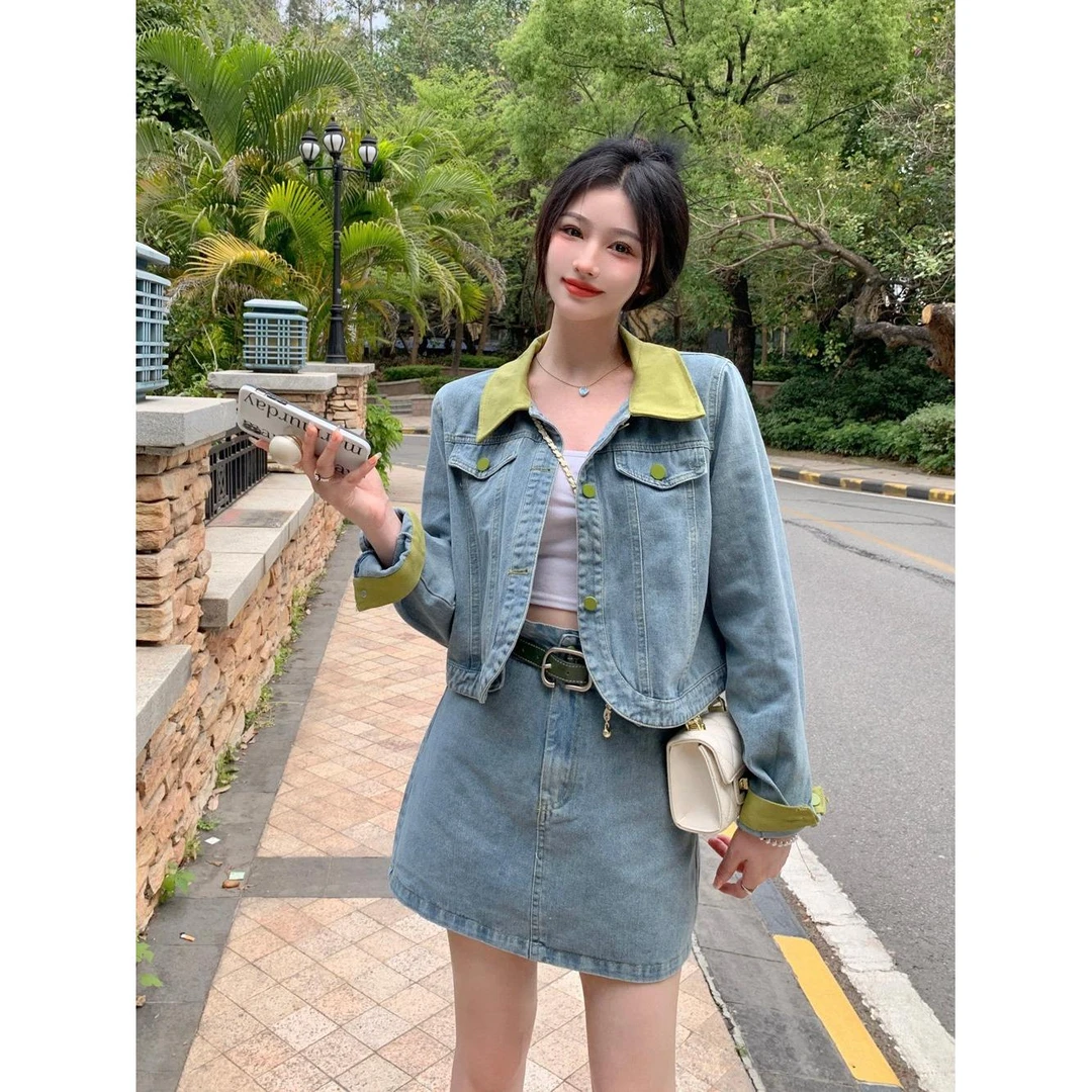 春季大码女装胖mm设计感拼接复古短款牛仔外套半身裙时尚两件套装