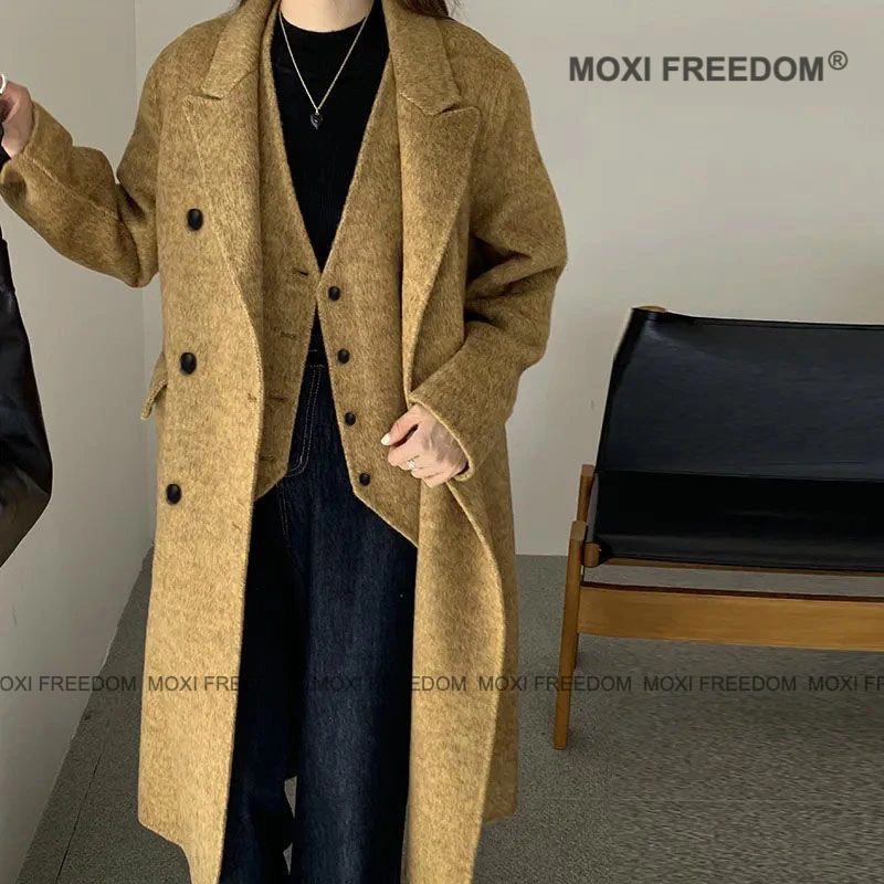 【流金岁月 】A秋冬新款灰色马甲气质长毛款双面羊呢大衣女外套