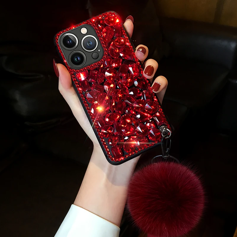 适用苹果16promax手机壳新款16pro满钻毛球16个性iphone红色挂绳
