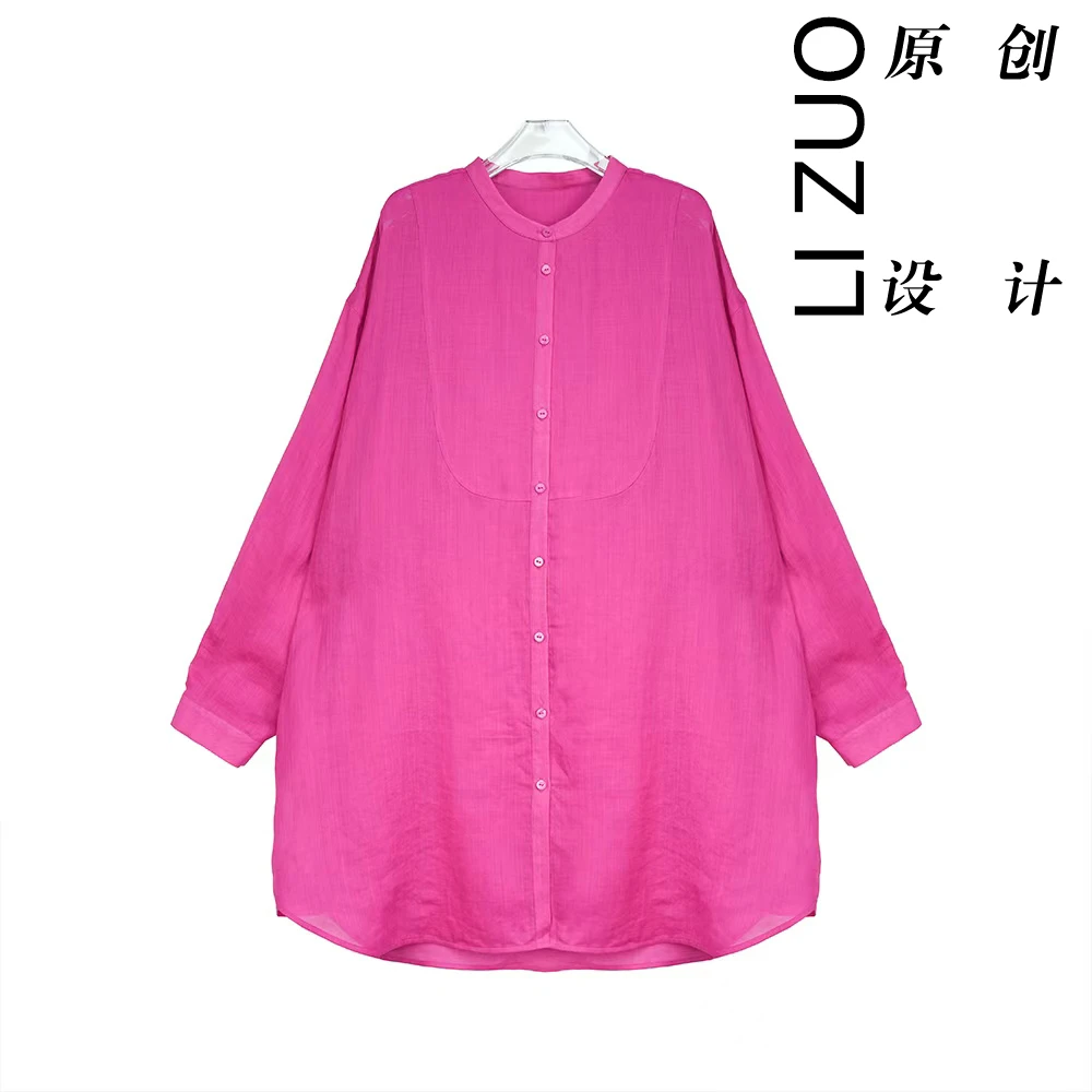 大码胖mm纯苎麻百搭精致纯色小立领长袖中长款衬衣8992