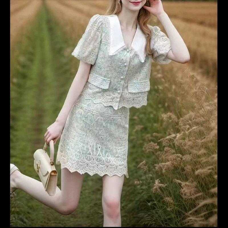 高级感小香风蕾丝刺绣套装裙女2025夏季新款小个子衬衫短袖两件套