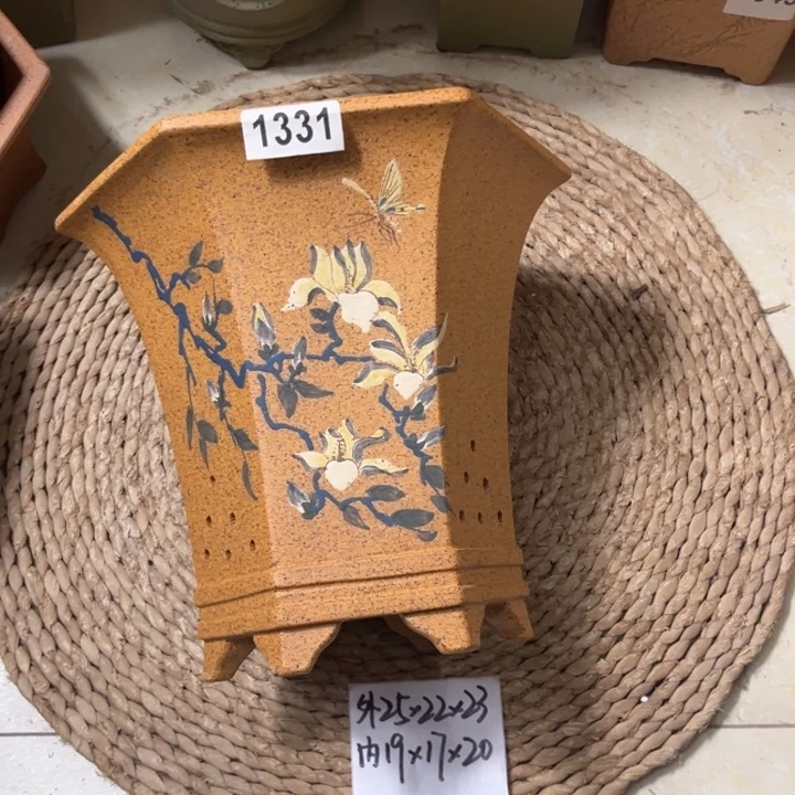 花盆紫砂 特惠柴烧彩绘玉兰花大六方1331