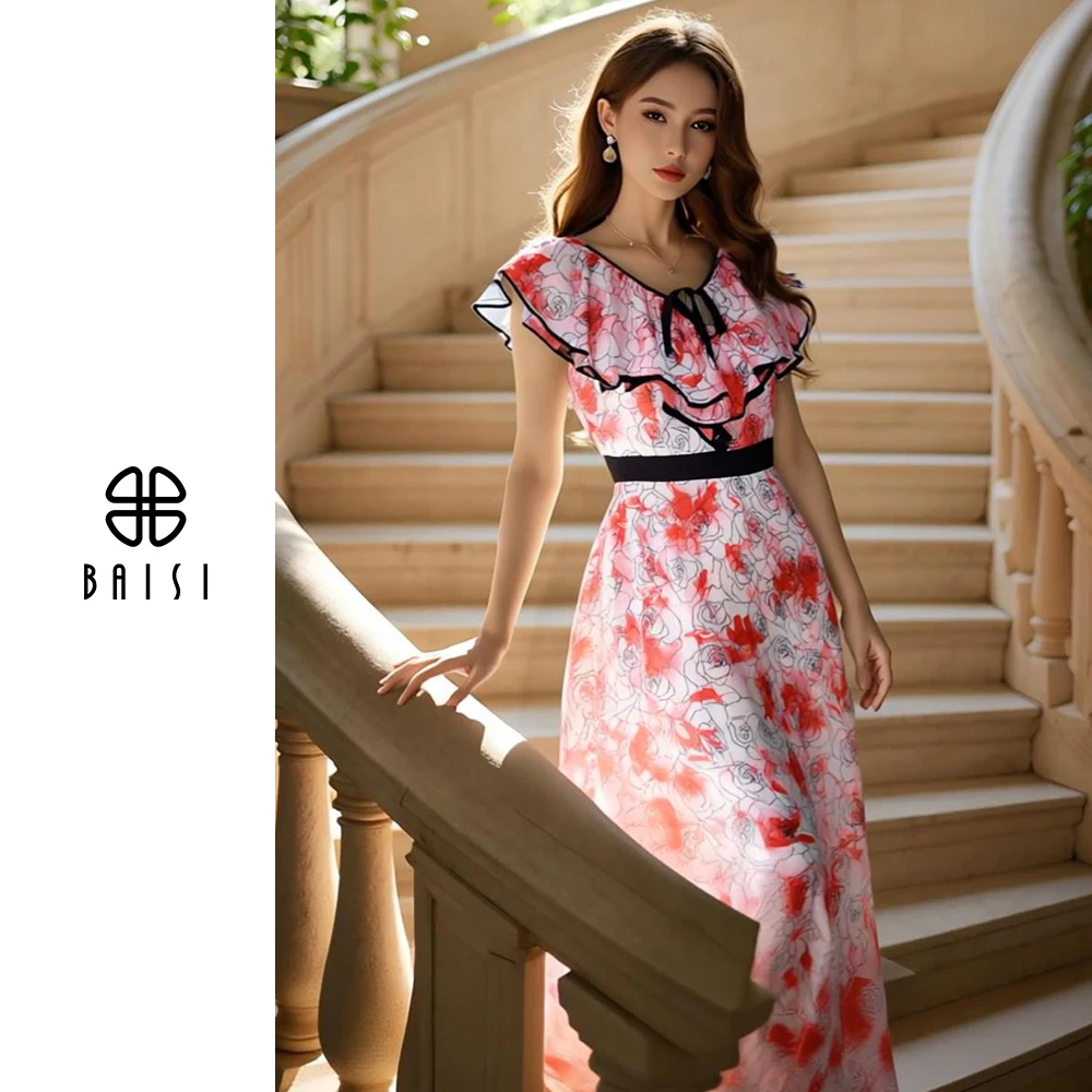BAISI/百丝夏天连衣裙多巴胺荷叶边雪纺裙裙子时尚气质优雅复古