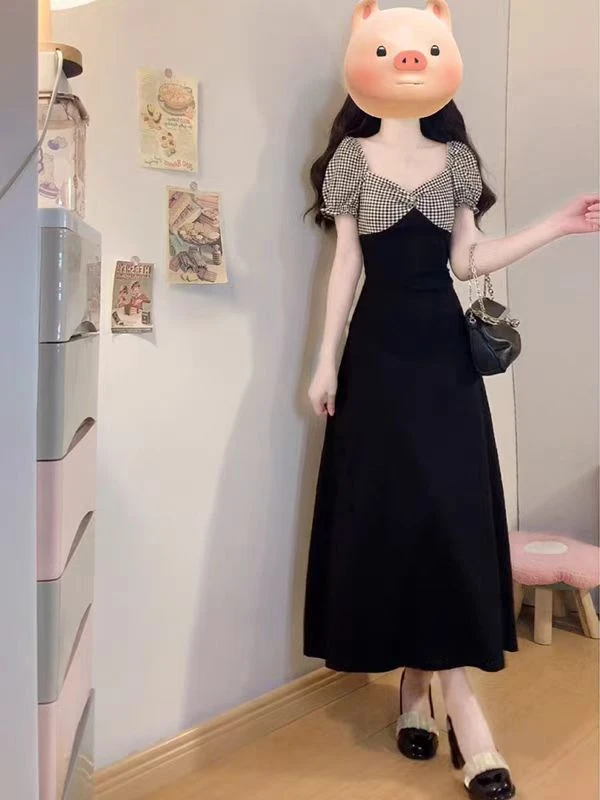 （80-200斤）甜辣大码微胖MM撞色拼接连衣裙女夏2025新款长裙1862