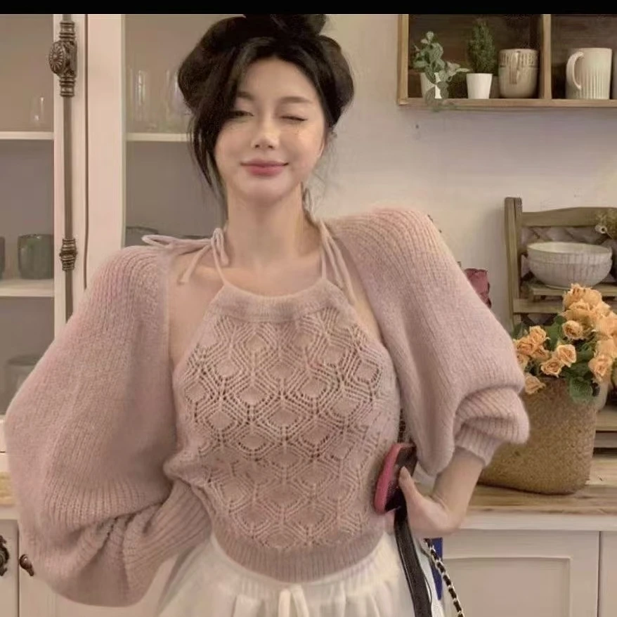 4601 辣妹镂空吊带长袖披肩两件套东头架子