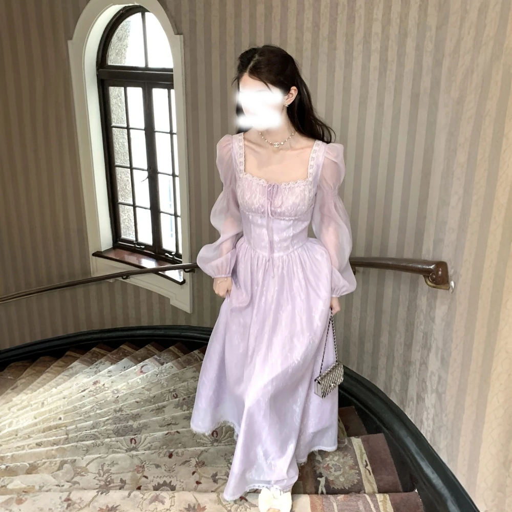 紫色温柔风长款方领长袖连衣裙女夏季法式复古千金风气质收腰裙子