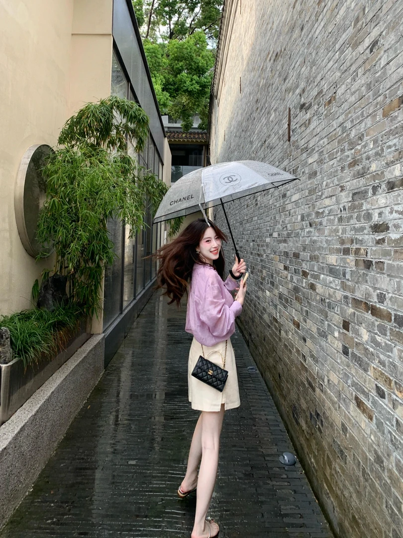 早秋2025新款法式洋气木耳边紫色长袖衬衫显瘦气质半身裙两件套装