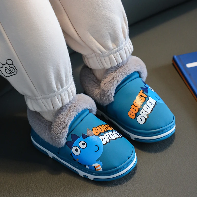冬季儿童男童棉拖鞋防水恐龙宝宝包跟保暖室内家居小孩女棉鞋毛毛