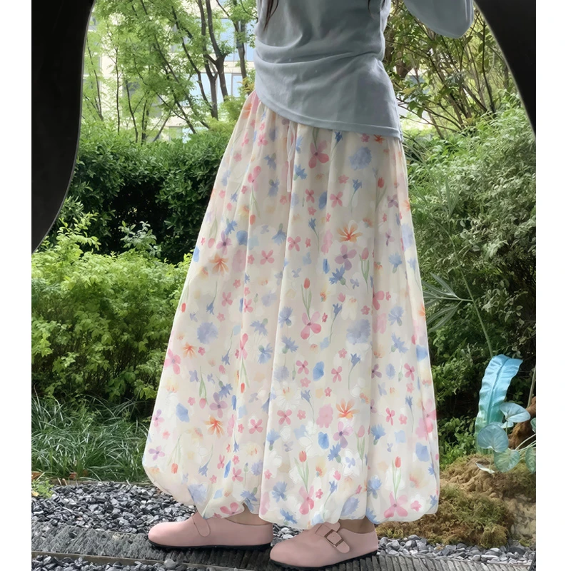 漂亮裤裙女夏季新款大码胖mm显瘦宽松遮肚遮胯碎花阔腿花苞灯笼裤