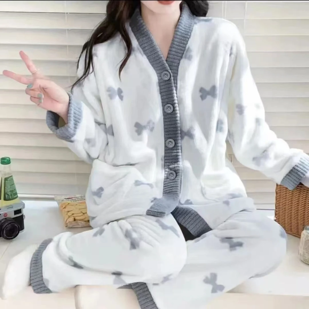 睡衣女家居服牛奶绒保暖加绒长袖舒适女士甜美秋冬季宽松
