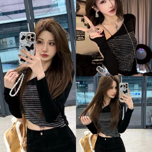 《人间星河》烫钻斜露香肩新款上衣