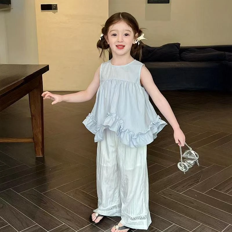 2025新款童装女童宽松不规则荷叶边上衣无袖背心娃娃衫(亲子款)