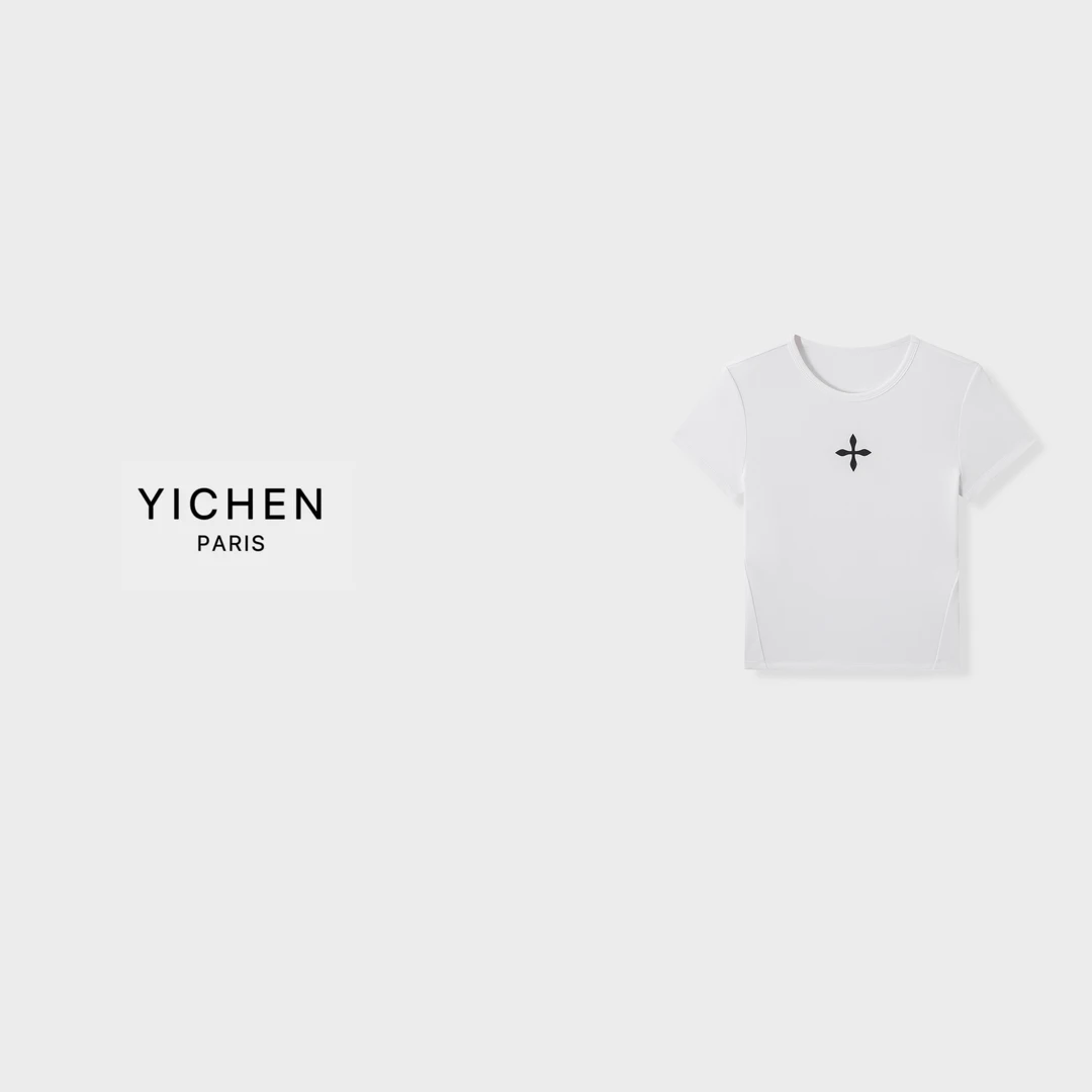 YC 黑色/白色印花图案圆领立裁短T恤-3373