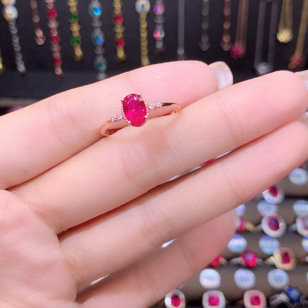 红宝石戒指银S925镶嵌玫瑰金57