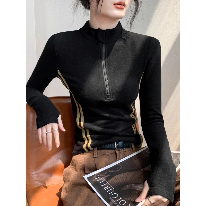拉链半高领拼色杠条长袖t恤女秋冬新款独特漂亮小衫韩版德绒上衣