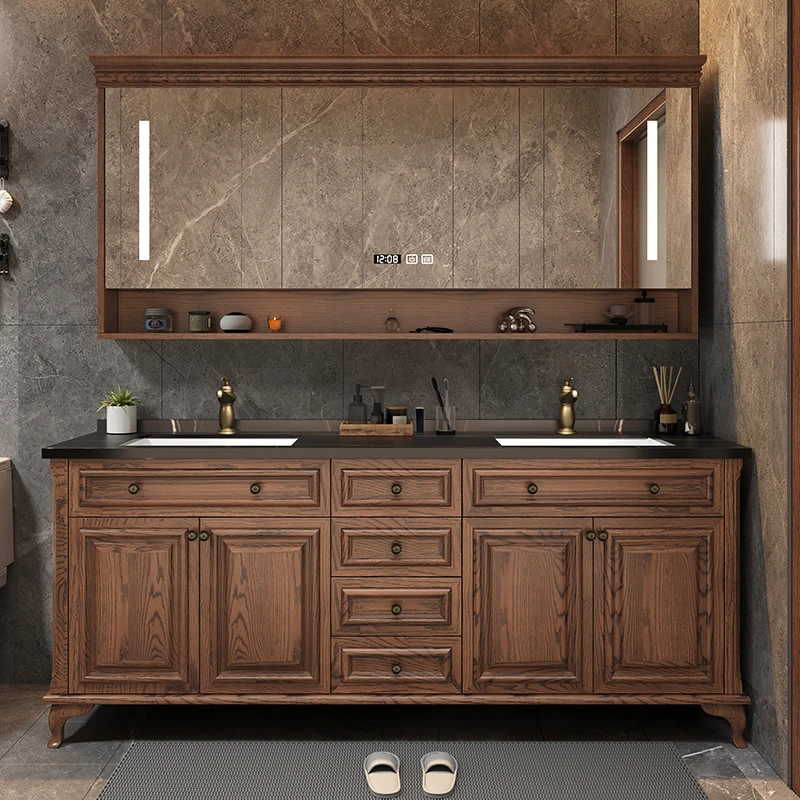 美式红橡木奢石浴室柜组合卫生间实木落地式智能岩板洗手盆洗漱台