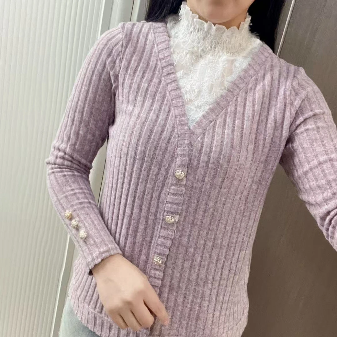 2025春新款羽毛蕾丝拼接雪花绒半高领打底长袖洋气小衫显瘦上衣