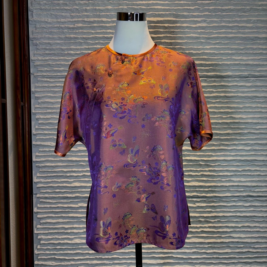 【罗影蝶辉】桑蚕丝蜀锦罗夏季圆领斜襟五分袖印染百搭上衣250640