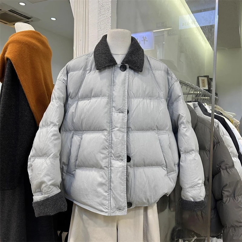 韩版风高端撞色简约撞色拼接翻领棉服女2025冬季新款宽松保暖外套