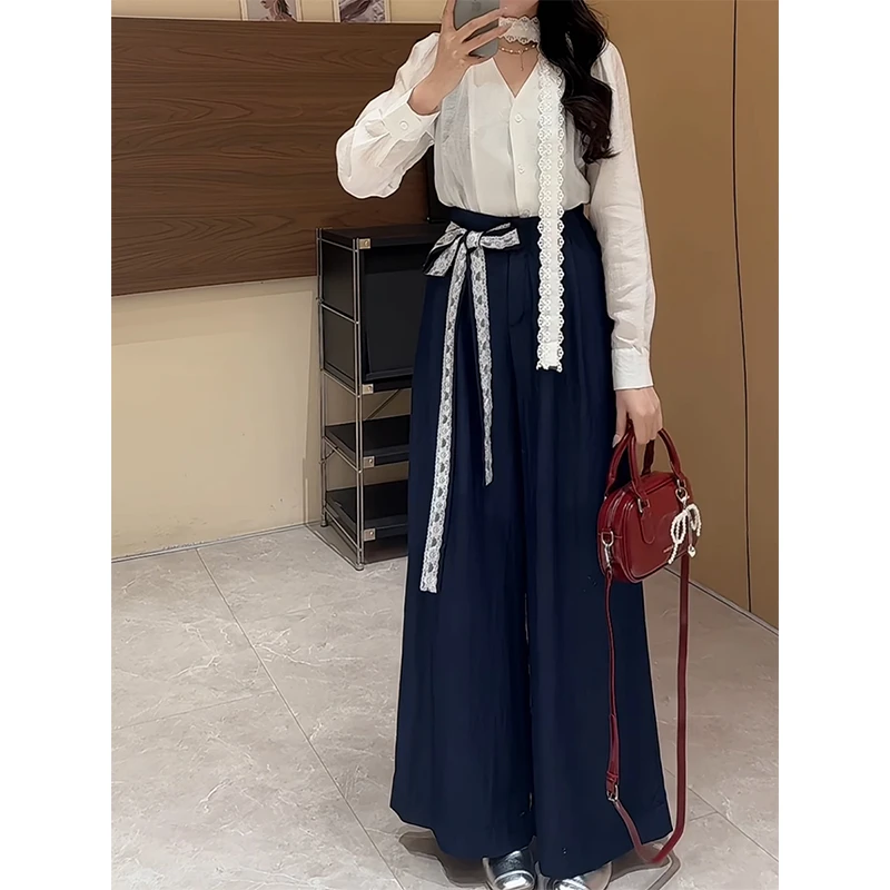 蕾丝花边设计感系带阔腿裤女春季2025新款高级气质宽松遮肉长裤子