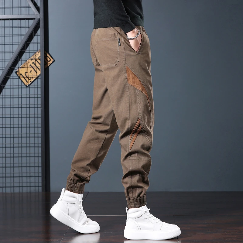 潮牌美式复古工装裤子男春秋季宽松大码拼接束脚裤条纹百搭休闲裤
