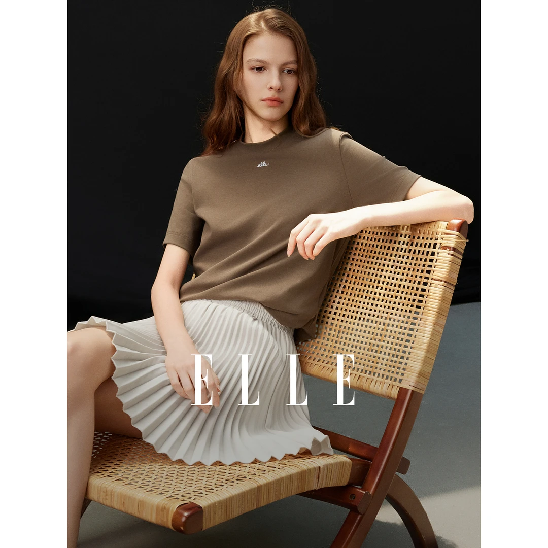 ELLE咖色复古设计感短袖女2025秋季新款时髦显瘦正肩ET51837