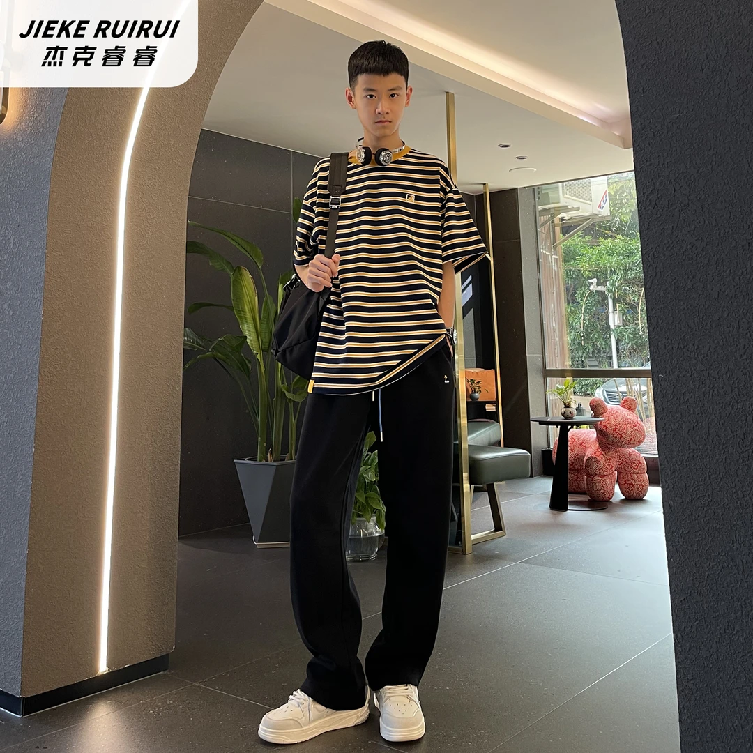 【现货-睿】夏季撞色条纹短袖男童T恤宽松休闲学院风上衣杰克睿睿