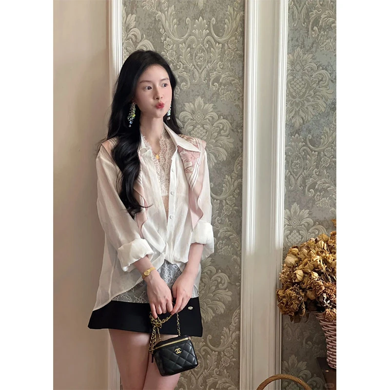 2025秋夏季新款显瘦蕾丝内搭修身宽松衬衫上衣气质时尚收腰半身裙