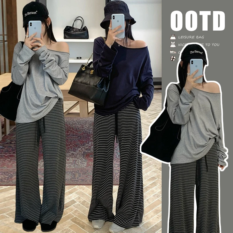 时尚孕妇春秋新款慵懒风宽松一字肩卫衣+休闲条纹裤时尚套装女