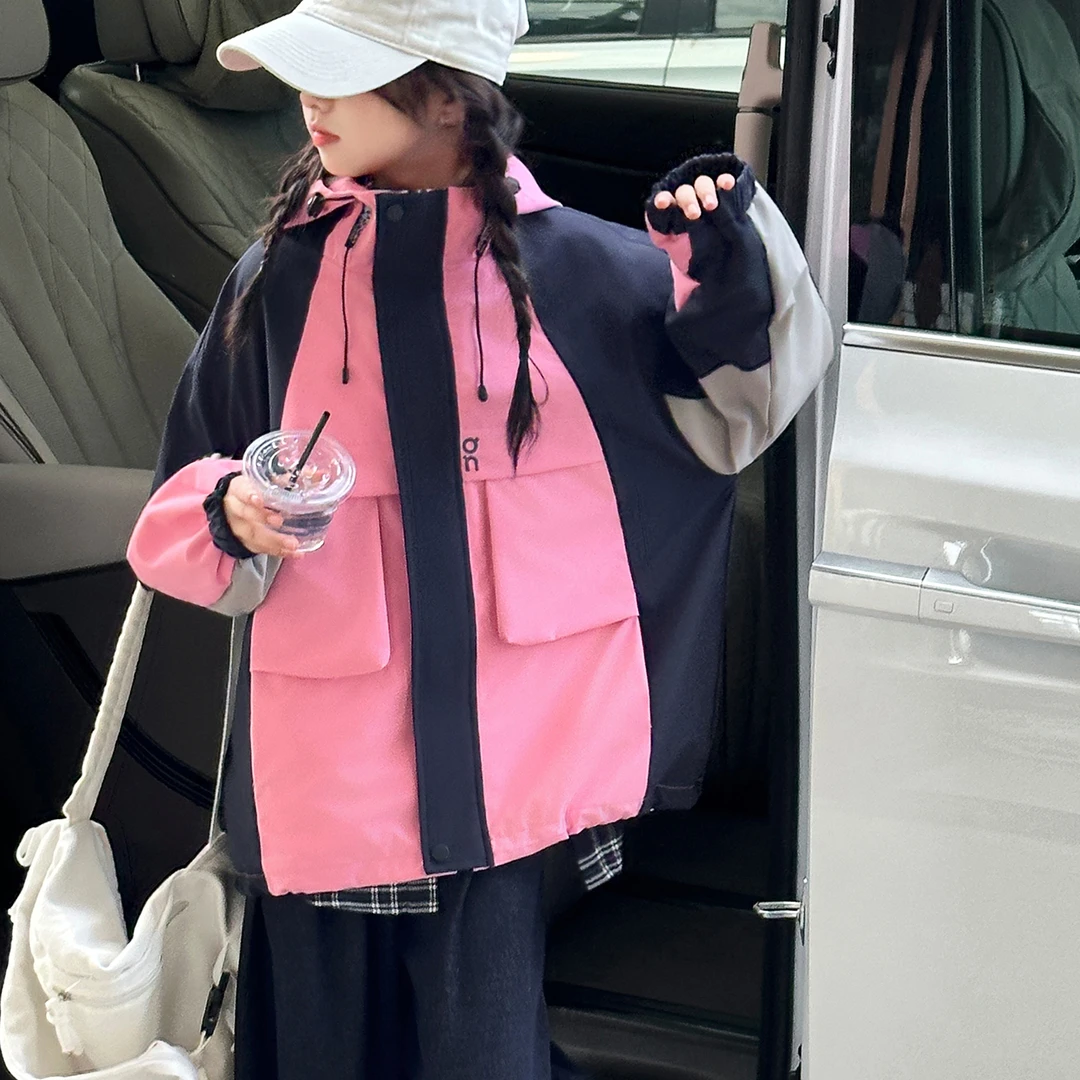 女童秋季韩版休闲连帽冲锋衣外套女大童时髦洋气儿童秋装工装夹克
