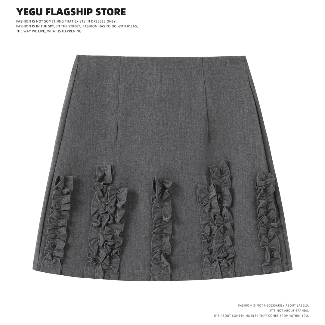 黑色气质小个子半身裙女春夏新款高腰显瘦拼接木耳边包臀a字短裙