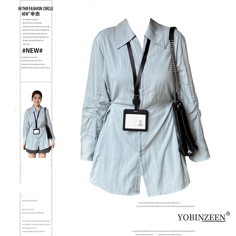 大码胖mm韩系百搭polo领衬衫女春装设计感收腰显瘦中长款排扣衬衣