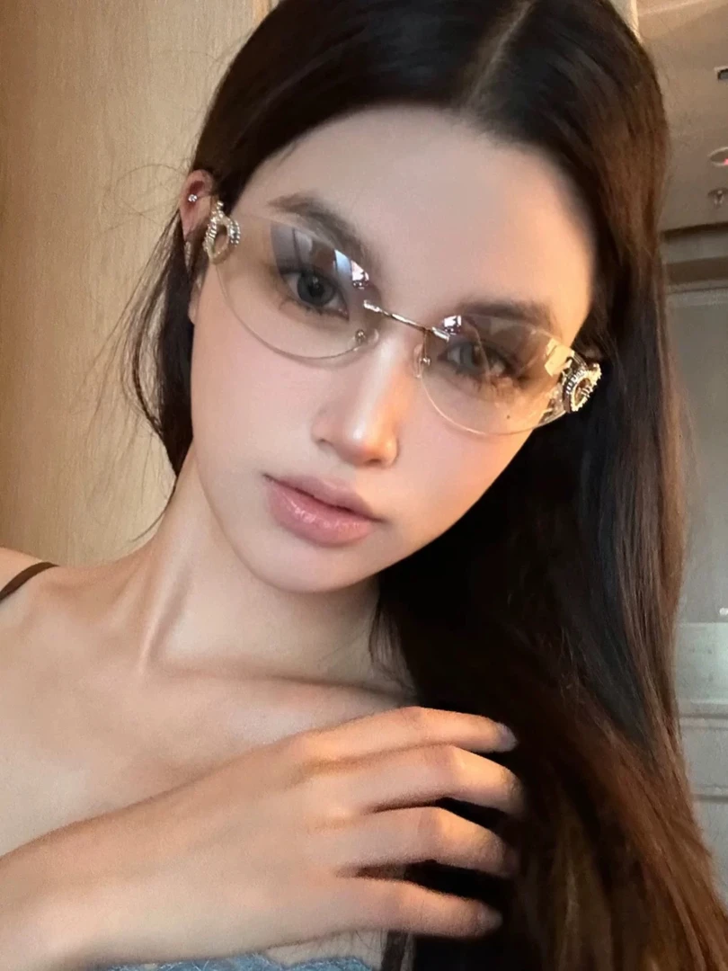 Y2K亚裔辣妹风个性无框墨镜女水银椭圆猫眼太阳镜街拍网红凹造型