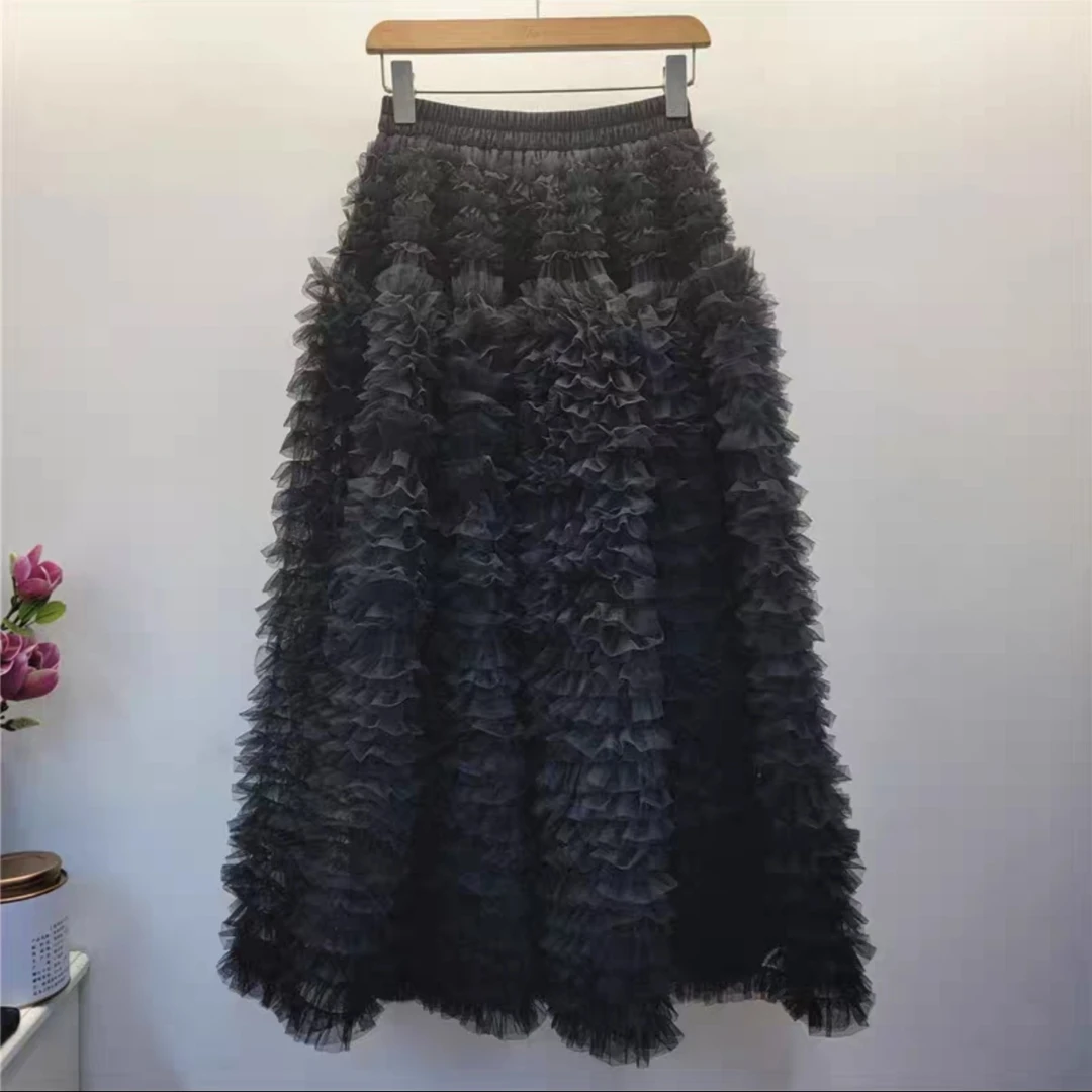 风华珏（法式浪漫）zl复古不规则大摆网纱中长款高级感显瘦半身裙