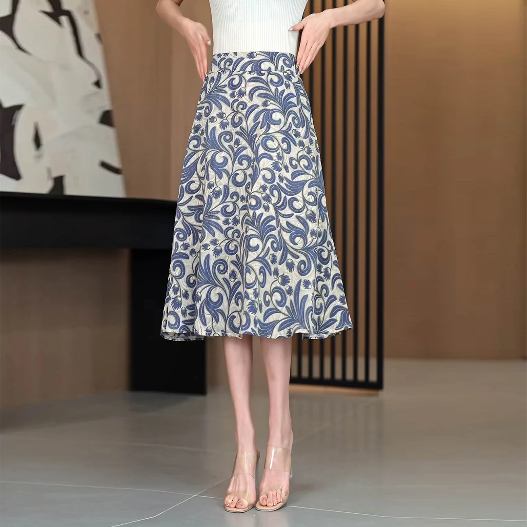 印花半身裙新款高腰显瘦A字短裙女气质时尚百褶裙中长款碎花半裙