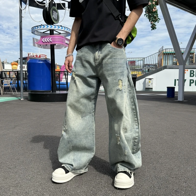 爆款秋冬加绒直筒宽松裤子牛仔男裤裤阔腿男士感破洞复古百搭美式