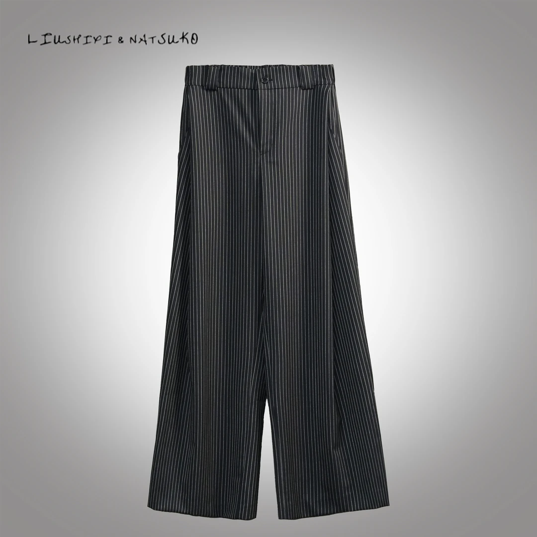 L&N休闲裤复古垂感鱼骨纹百搭高腰阔腿裤