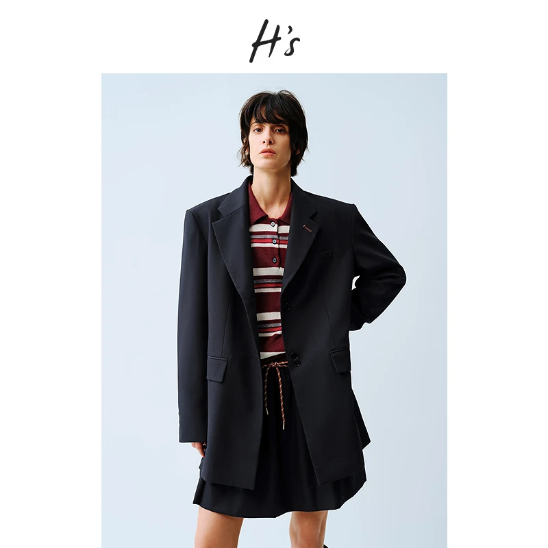 HS平驳领高定西装女25春季新款高级羊毛混纺H廓形垫肩