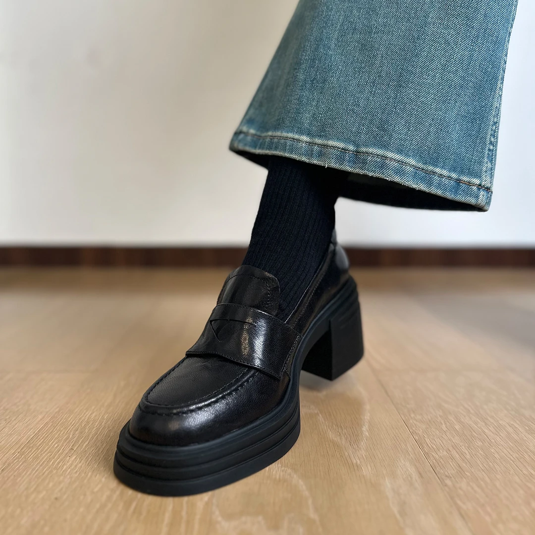 羊皮版~复古静音底厚底乐福鞋女粗跟高跟单鞋小个子增高小皮鞋秋