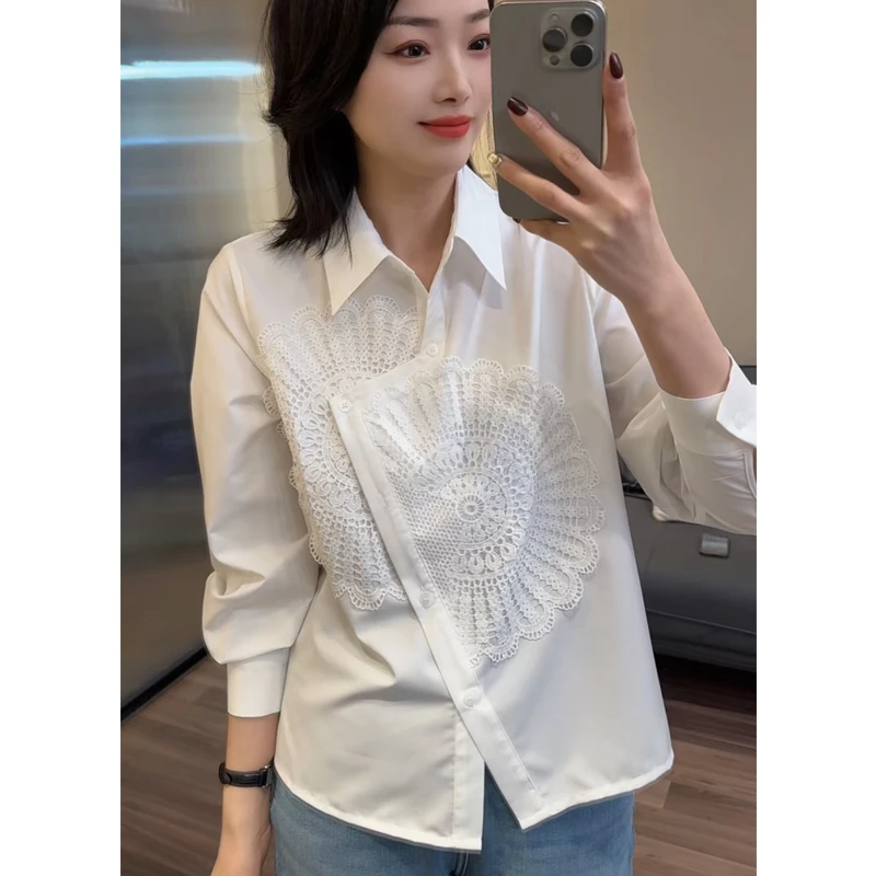 高级感重工不规则衬衫女春夏拼接刺绣时尚休闲减龄百搭衬衣25027