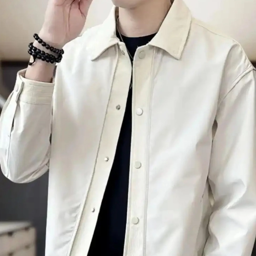 韩版薄款翻领外套标准型工装休闲米白时尚夹克几何