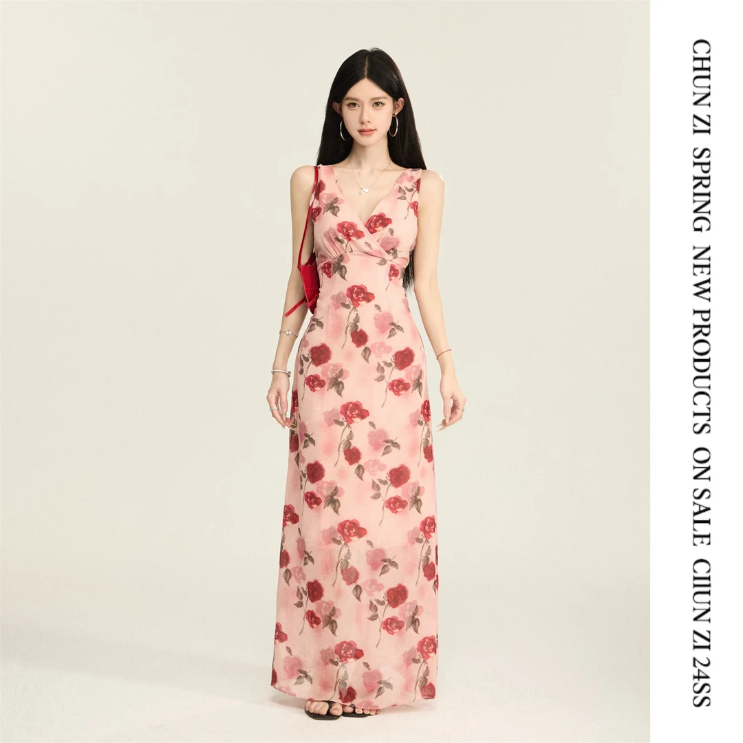 【CHUN ZI】【清迈花季】玫瑰满印v领连衣裙女春季修身度假长裙子
