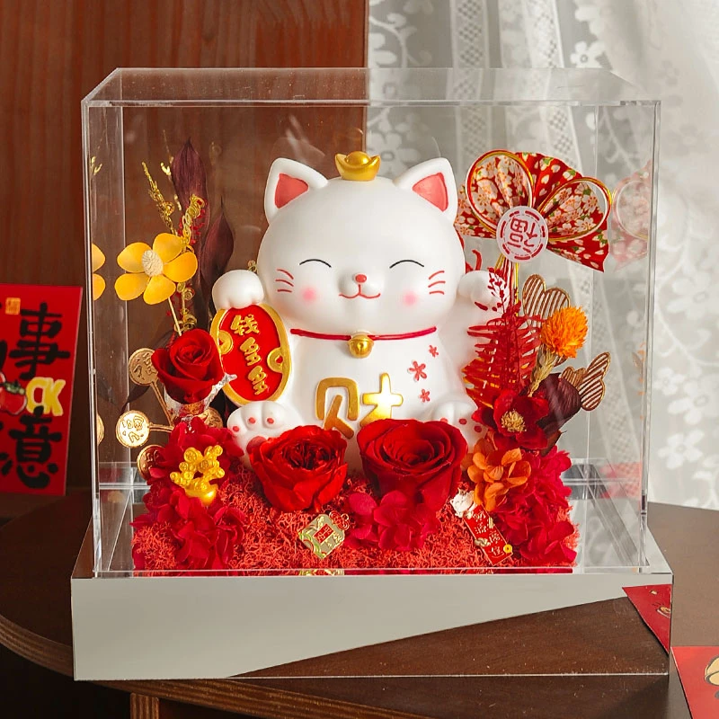 招财猫招财进宝永生花亚克力微景观摆件礼盒送开业乔迁情人节礼物
