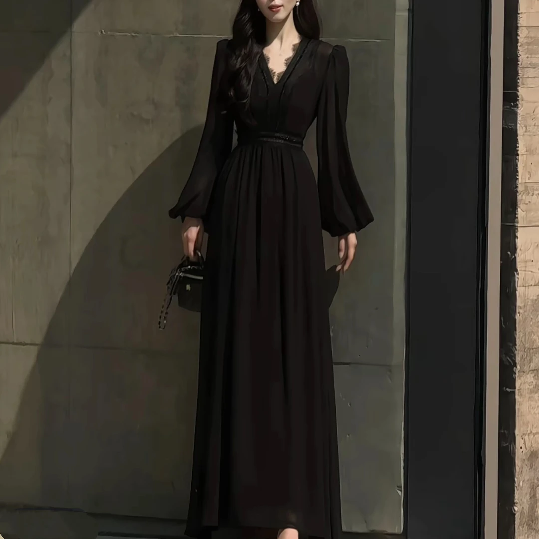 早秋洋气法式蕾丝边V领连衣裙裙子禅意清冷感仙气飘逸气质长裙