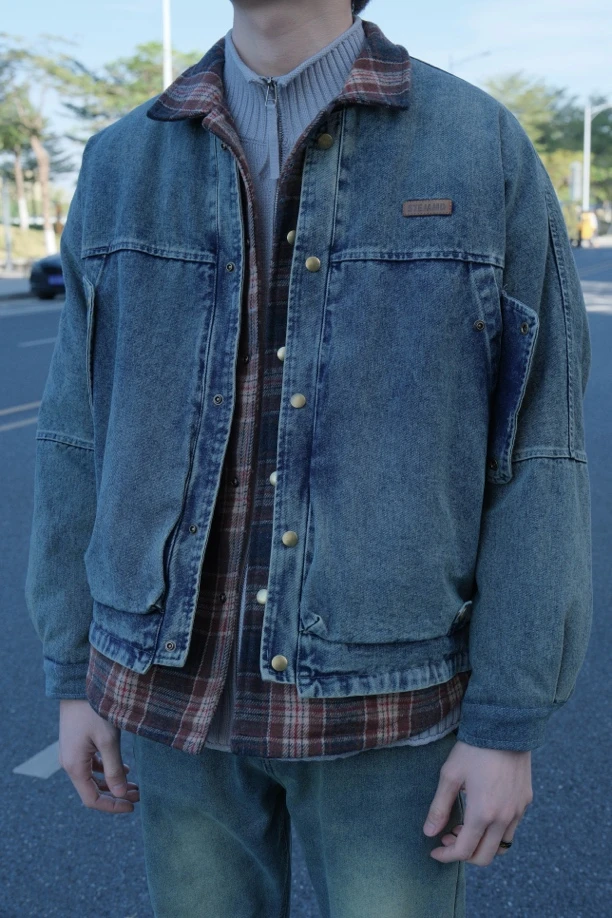 小众设计感男女同款拼接假两件牛仔羽绒服高级感情侣外套加厚