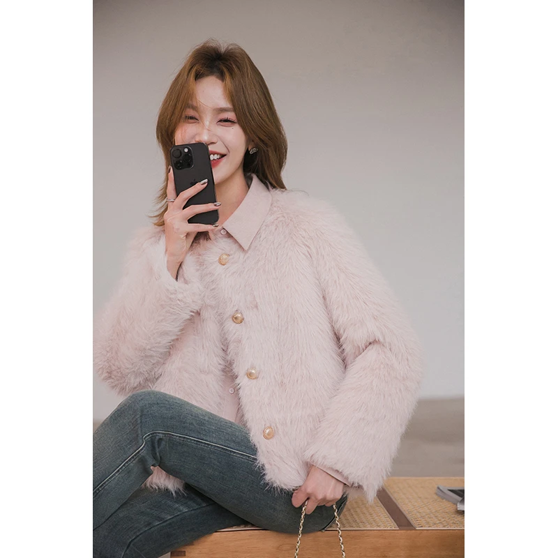 【季末折扣】小谷粒时髦千金感外套女新款圆领粉色上衣