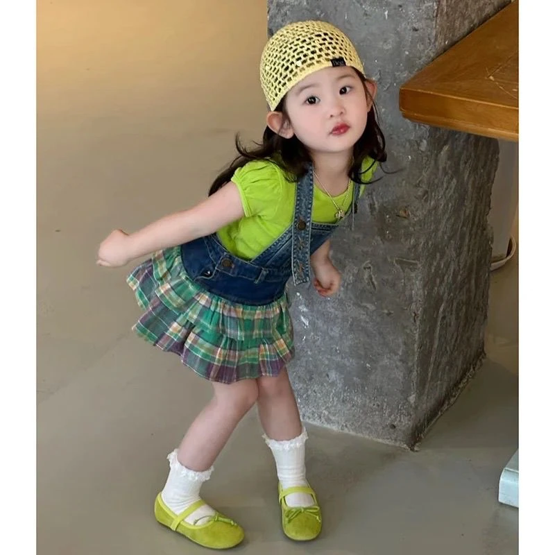 女童韩版牛仔拼接背带裙套装2025新款儿童短袖时髦夏季洋气两件套