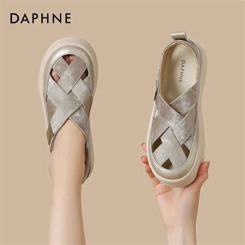 达芙妮包头半拖鞋夏季外穿2025新款厚底镂空编织鞋时尚高级凉鞋S